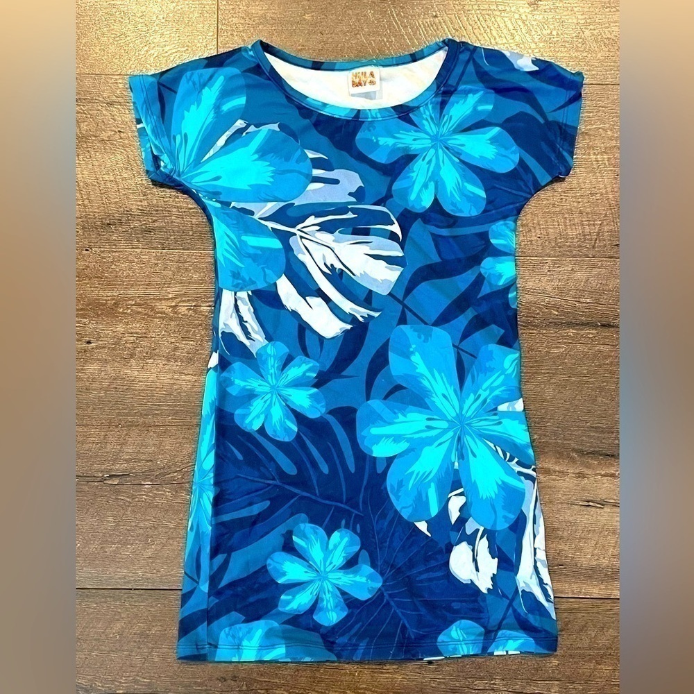 Hula Bay Girls Blue Hawaiian Print Dress Size 8